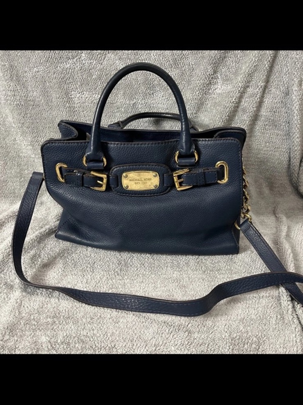 Y2K Michael Kors Hamilton East West Large Blue Satchel Tote Bag gold hardware